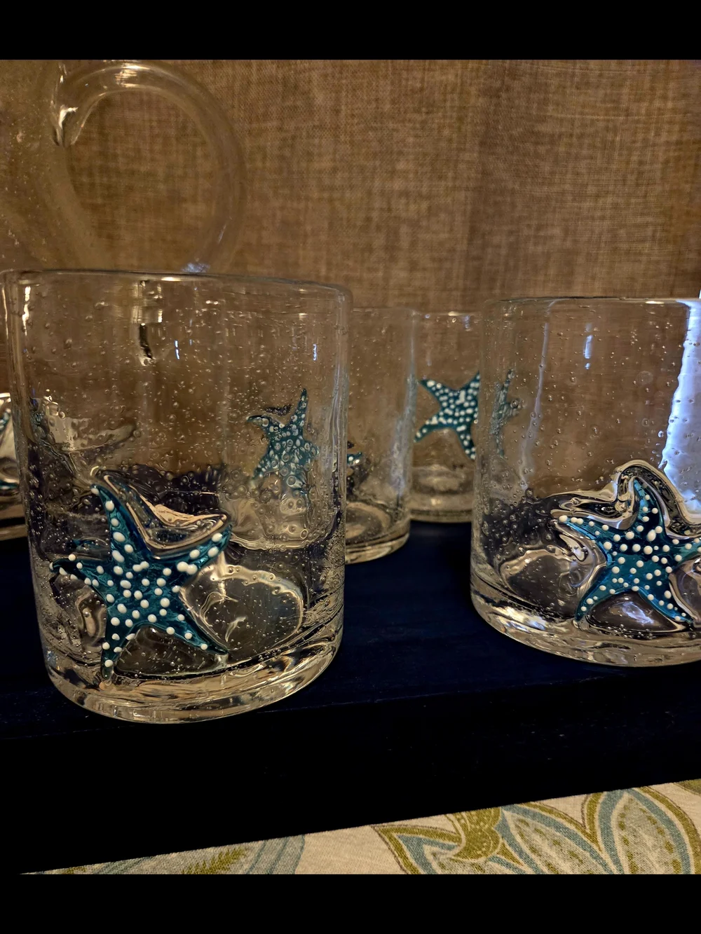 HANDBLOWN GLASS AQUA STARFISH PITCHER & TUMBLERS